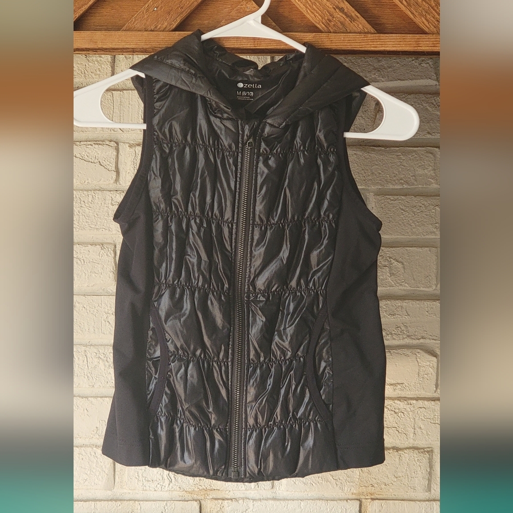Zella Girls Puffer Black Hooded  Vest Zip Up With Pockets Size Medium